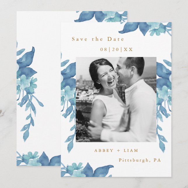 Pretty Blue Floral and Foliage Photo Wedding Save The Date (Front/Back)