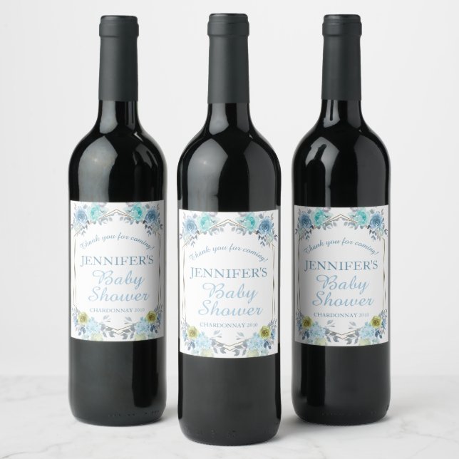 Pretty Blue Floral Boy Baby Shower Thank You Wine Label (Bottles)