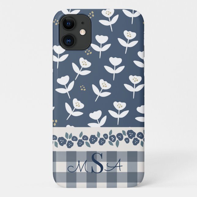 Pretty Blue Floral Farmhouse Pattern Monogram Case-Mate iPhone Case (Back)