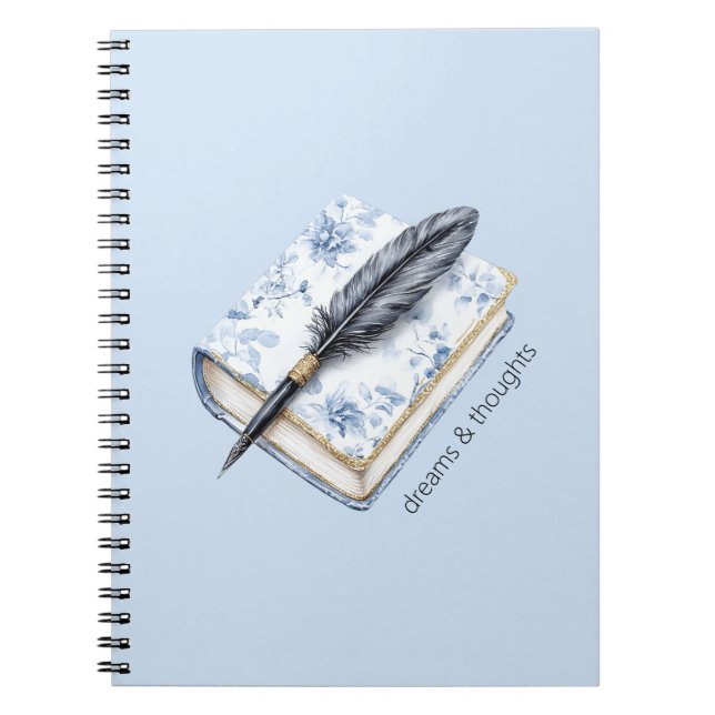 Pretty Blue Floral Feather Pen Notebook (Front)