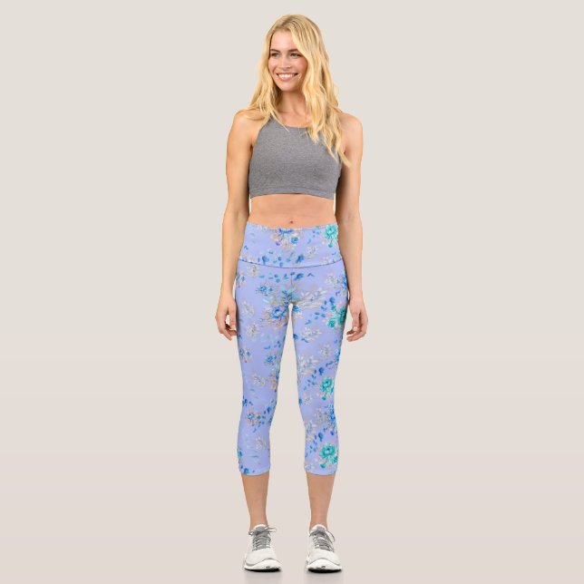 Pretty Blue Floral Garden  Capri Leggings (Front)