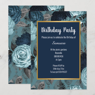 PRETTY BLUE FLORAL GOLD BIRTHDAY INVITATION