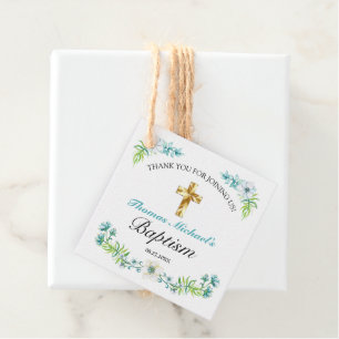Pretty Blue Floral Gold Cross Baby Baptism Favour Tags