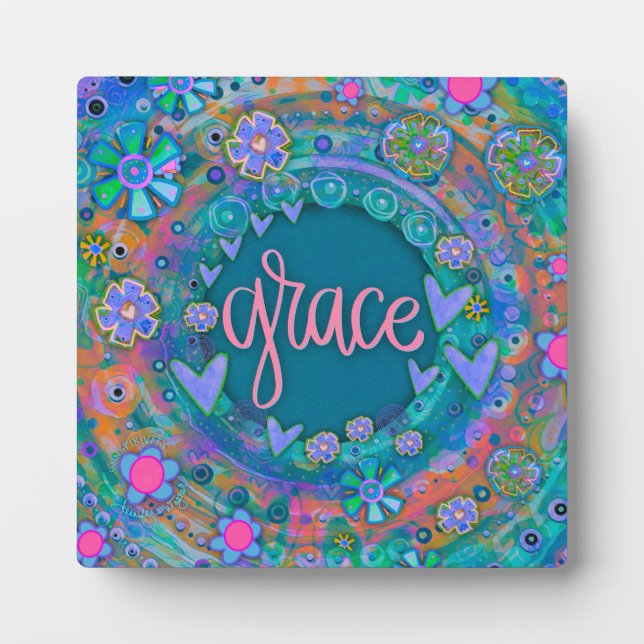 Pretty Blue Floral Inspirational Grace Easel Plaque (Front)