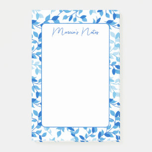 Pretty Blue Floral Leaves Modern Personalised Post-it Notes