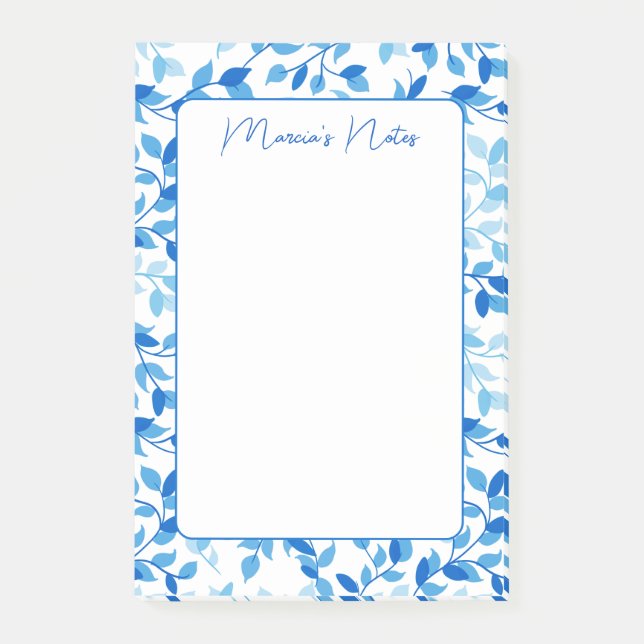 Pretty Blue Floral Leaves Modern Personalised Post-it Notes (Front)
