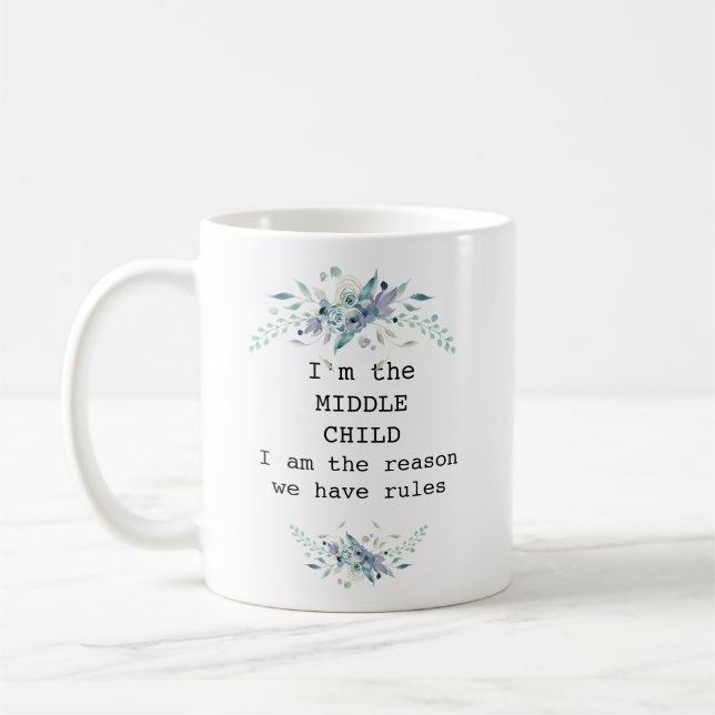 Pretty blue floral  middle child personalised coffee mug (Left)
