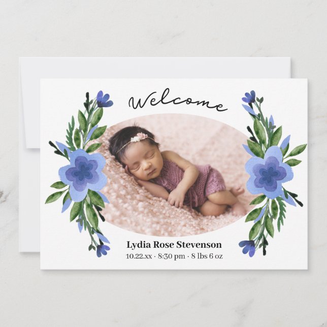 Pretty Blue Floral Oval Frame Photo Birth Announcement (Front)