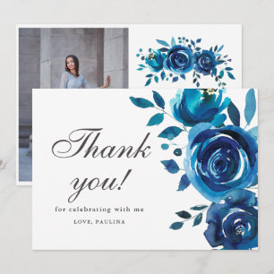 Pretty Blue Floral Quinceañera Photo Thank You Invitation