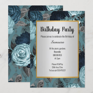PRETTY BLUE FLORAL SILVER GOLD BIRTHDAY INVITATION