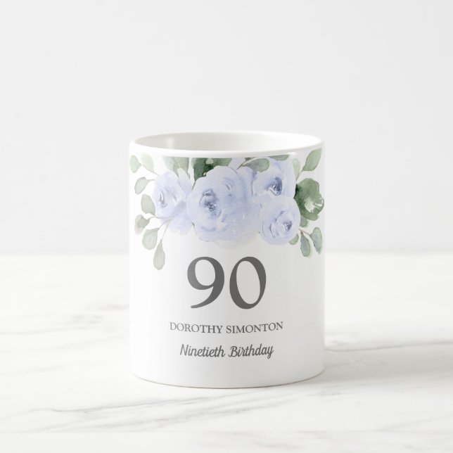 Pretty Blue Floral Womans 90th Birthday Gift Coffee Mug (Center)
