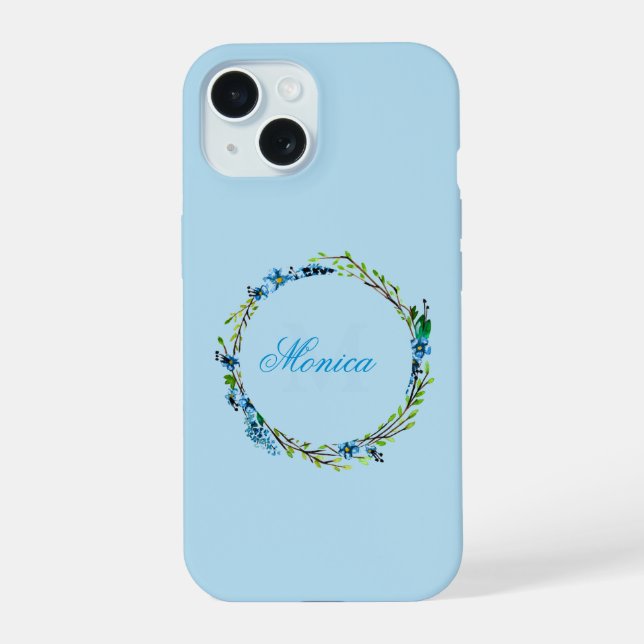 Pretty Blue Floral Wreath with Monogram iPhone 15 Case (Back)
