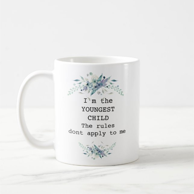 Pretty blue floral  youngest child personalised coffee mug (Left)