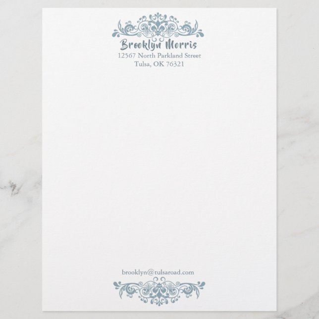 Pretty Blue Flourish Frame Custom Letterhead (Front)