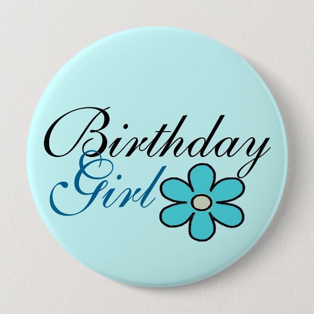 Pretty Blue Flower Birthday Girl Big Button (Front)