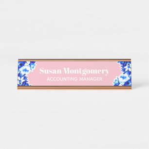 Pretty Blue Flowers & Blush Pink Personalised Desk Name Plate