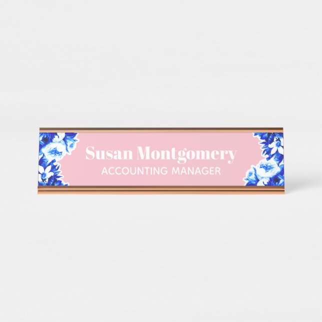 Pretty Blue Flowers & Blush Pink | Personalised Desk Name Plate (Front)