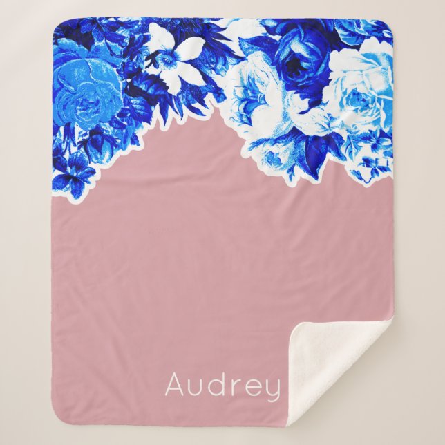 Pretty Blue Flowers & Blush Pink Sherpa Blanket (Front)
