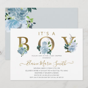 Pretty Blue Flowers Floral Boy Baby Shower Invitation