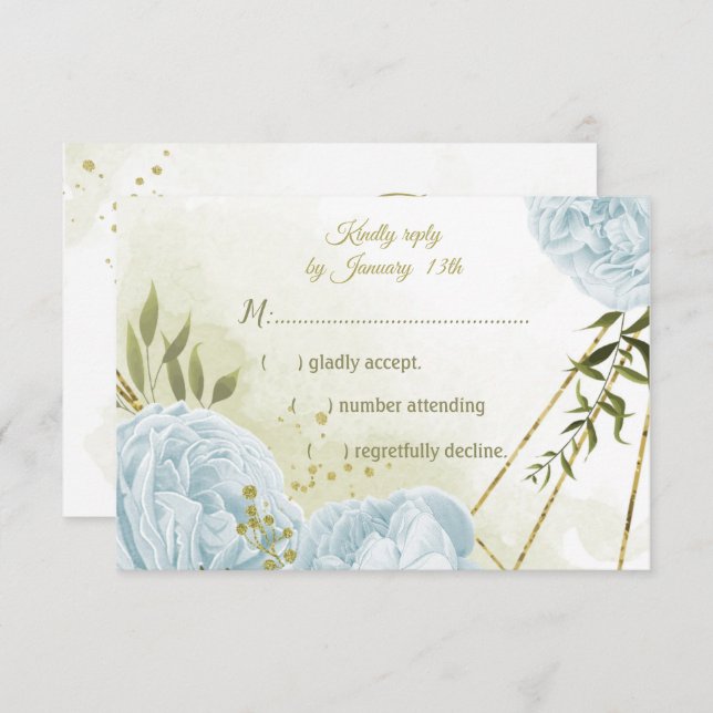 pretty blue flowers green leaves botanical RSVP card (Front/Back)