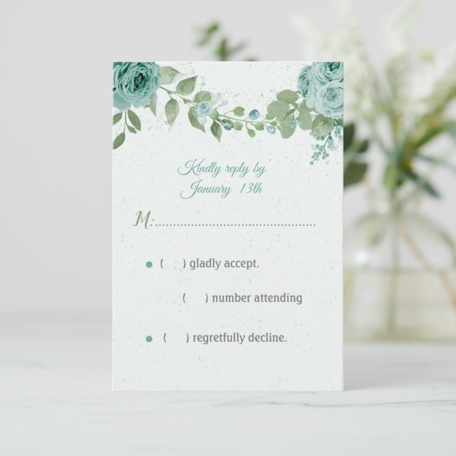 pretty blue flowers green leaves botanical RSVP card (Standing Front)