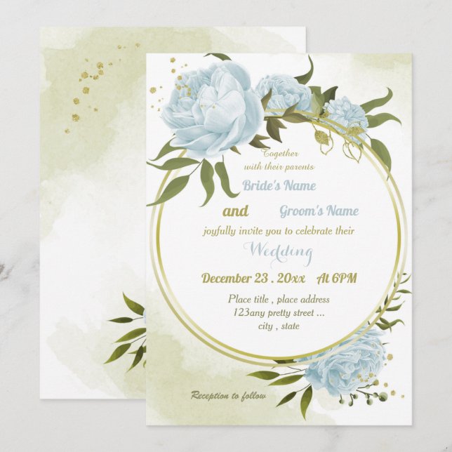 pretty blue flowers greenery geometric wedding invitation (Front/Back)