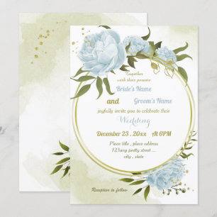 pretty blue flowers greenery geometric wedding invitation