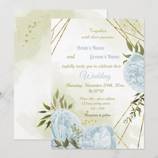 pretty blue flowers greenery geometric wedding invitation (Front/Back)