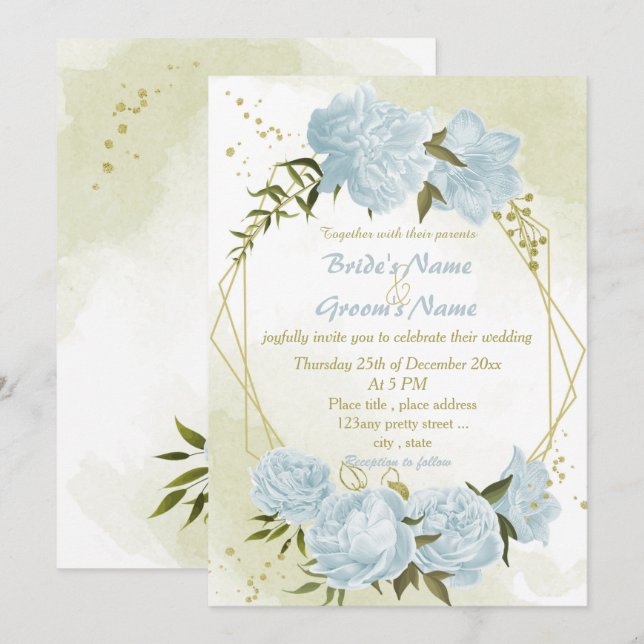 pretty blue flowers greenery geometric wedding invitation (Front/Back)