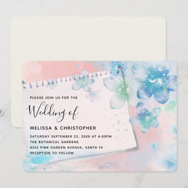 Pretty Blue Flowers on a Pink Background Wedding Invitation (Front/Back)