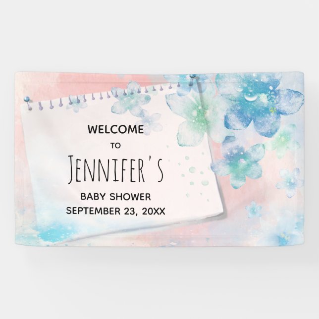Pretty Blue Flowers on Pink Background Baby Shower Banner (Horizontal)