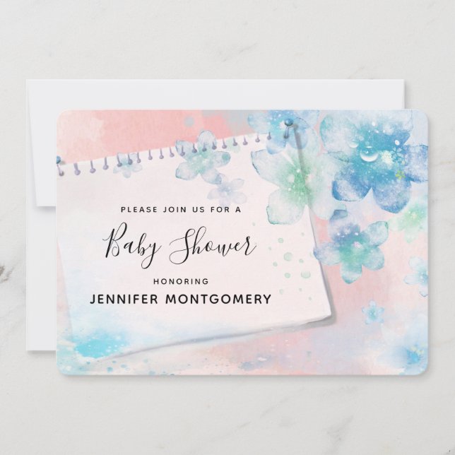 Pretty Blue Flowers on Pink Background Baby Shower Invitation (Front)