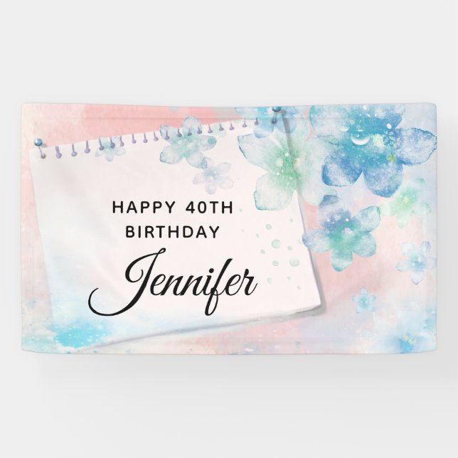Pretty Blue Flowers on Pink Background Birthday Banner (Horizontal)