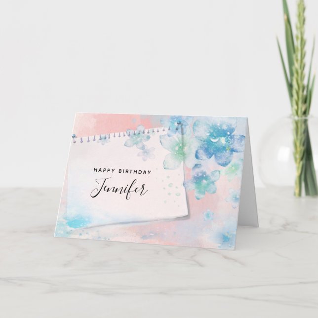 Pretty Blue Flowers on Pink Background Birthday Card (Front)
