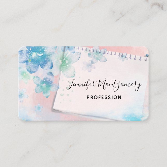 Pretty Blue Flowers on Pink Background Business Card (Front)