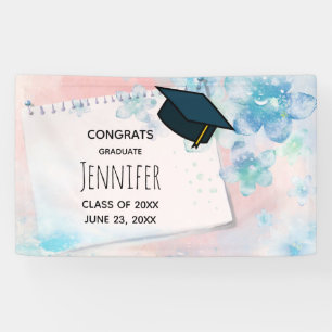 Pretty Blue Flowers on Pink Background Graduation Banner