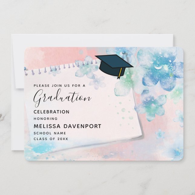 Pretty Blue Flowers on Pink Background Graduation Invitation (Front)
