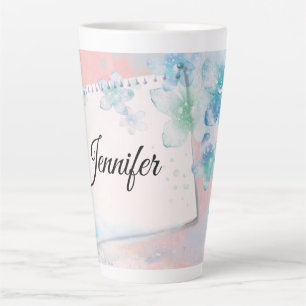 Pretty Blue Flowers on Pink Background Latte Mug