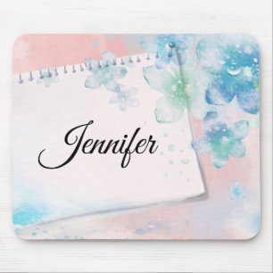Pretty Blue Flowers on Pink Background Mouse Mat