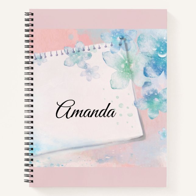 Pretty Blue Flowers on Pink Background Notebook (Front)