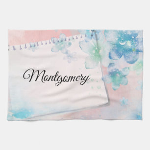 Pretty Blue Flowers on Pink Background Tea Towel