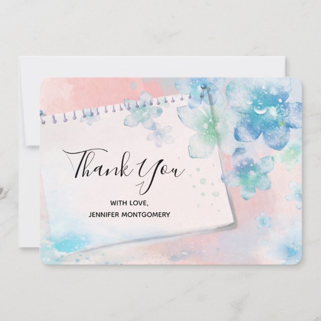 Pretty Blue Flowers on Pink Background Thank You (Front)