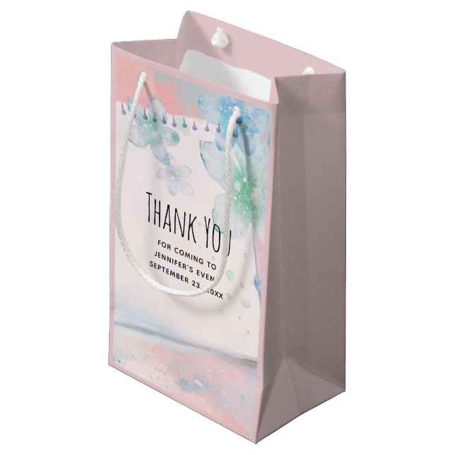 Pretty Blue Flowers on Pink Background Thank You Small Gift Bag (Front Angled)
