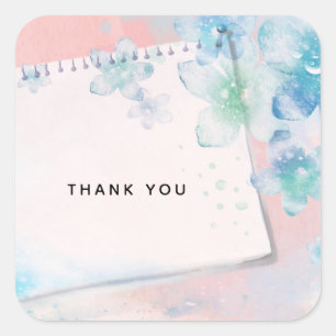 Pretty Blue Flowers on Pink Background Thank You Square Sticker