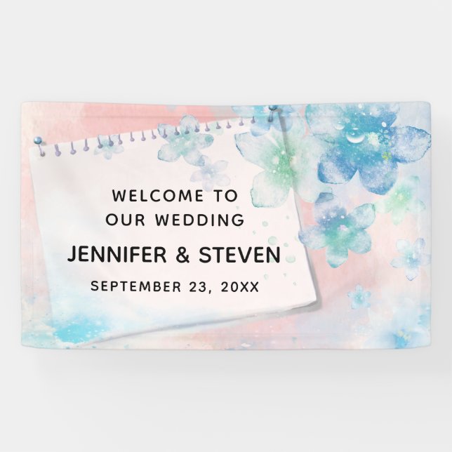 Pretty Blue Flowers on Pink Background Wedding Banner (Horizontal)