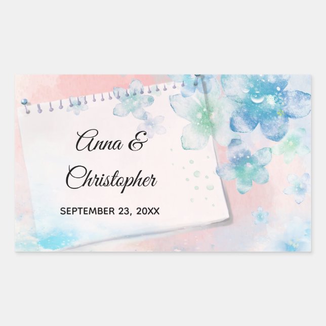 Pretty Blue Flowers on Pink Background Wedding Rectangular Sticker (Front)