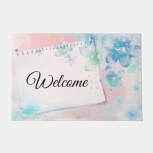 Pretty Blue Flowers on Pink Background Welcome Doormat