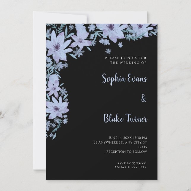 Pretty Blue Flowers Romantic Black Wedding Invitation (Front)