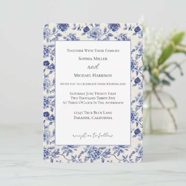 Pretty Blue Flowers Wedding Invitation (Standing Front)