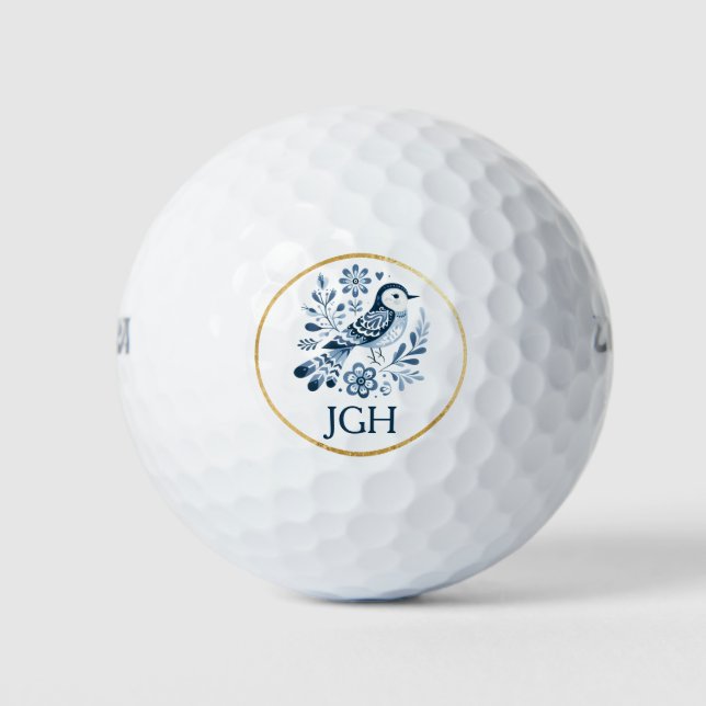 Pretty Blue Folk Bird Monogramed Custom Golf Balls (Front)